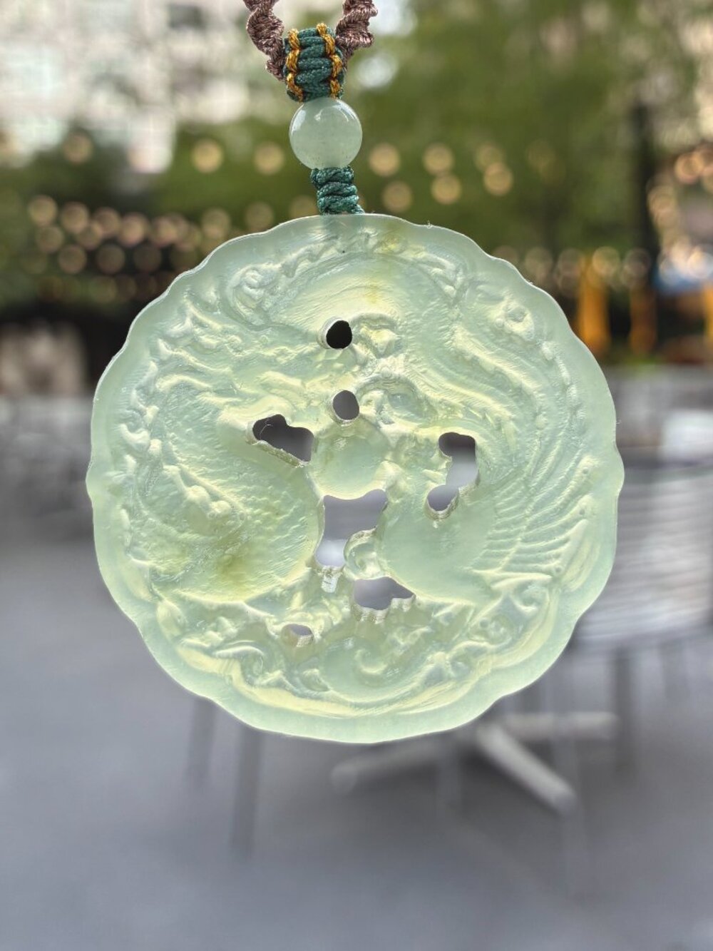 Green Jade Dragon Phoenix Pendant Rope Necklace - Serpentine